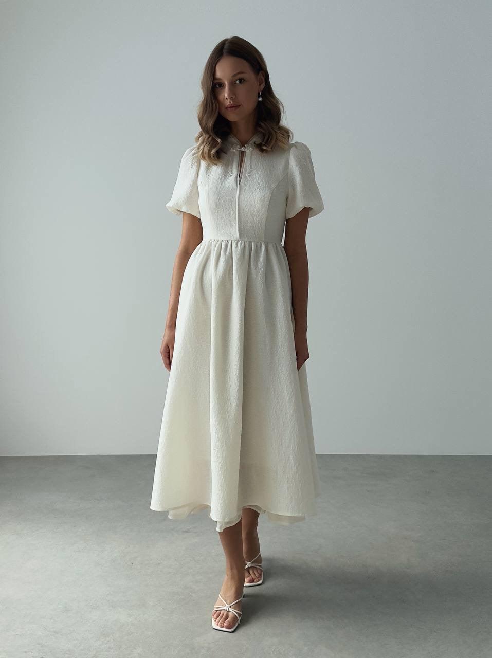 Elegant Short Sleeve Midi White Dress.