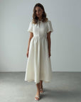 Elegant Short Sleeve Midi White Dress.