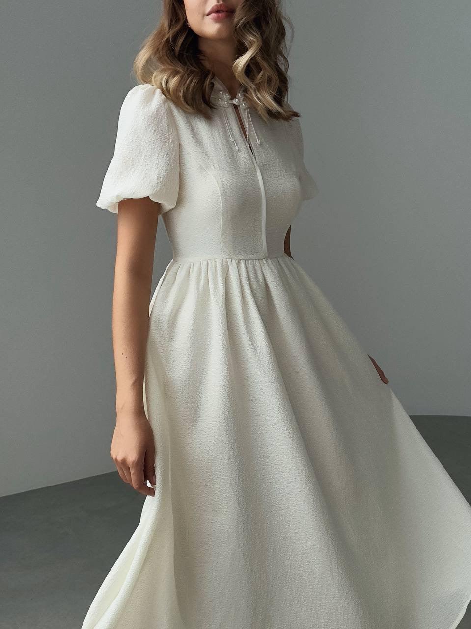 Elegant Short Sleeve Midi White Dress.