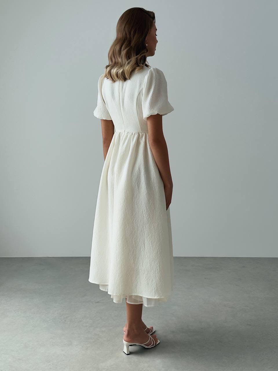 Elegant Short Sleeve Midi White Dress.