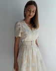 Elegant Lace Embroidered Short Sleeve Mini Dress.