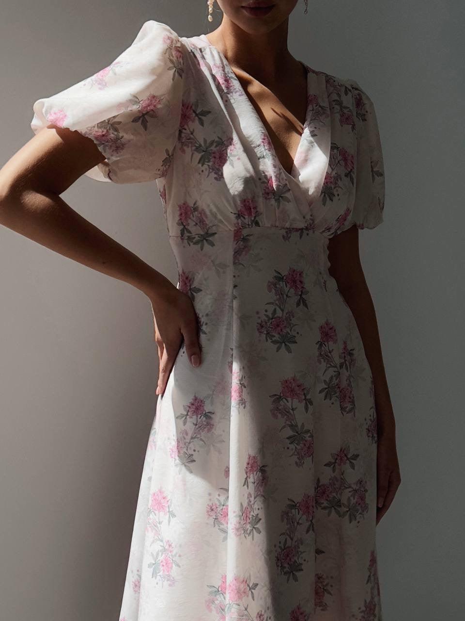 Elegant Pink Floral Midi Dress.