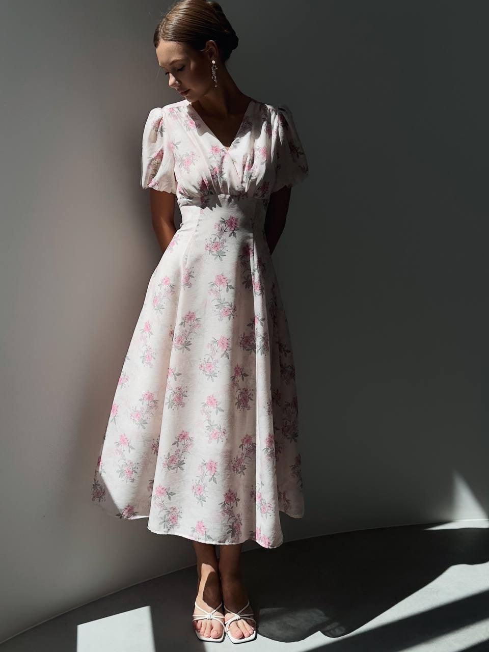 Elegant Pink Floral Midi Dress.