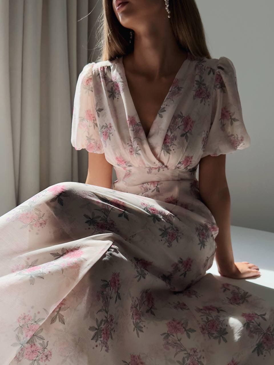 Elegant Pink Floral Midi Dress.