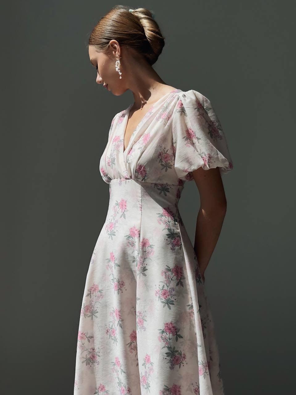 Elegant Pink Floral Midi Dress.