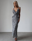 Elegant Gray Leopard Print Maxi Dress.