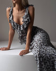 Elegant Gray Leopard Print Maxi Dress.