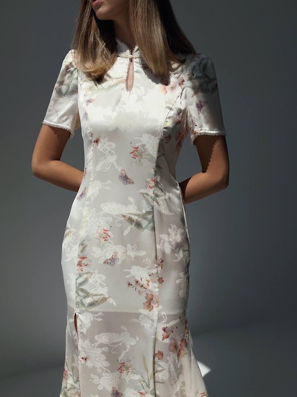 Elegant White Floral Print Dress - GodBlessDress