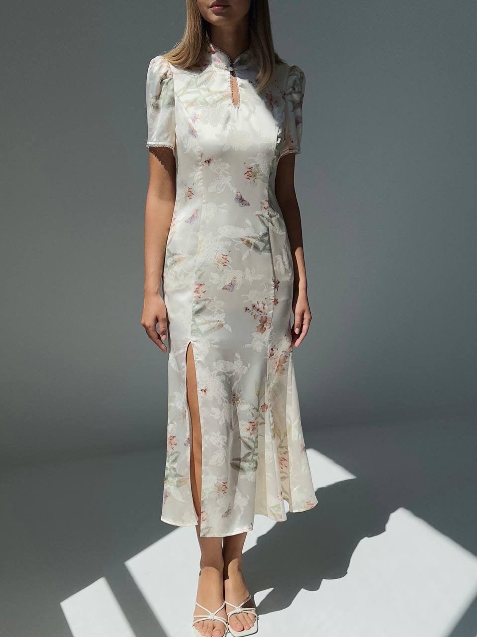 Elegant White Floral Print Dress - GodBlessDress