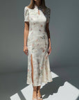 Elegant White Floral Print Dress - GodBlessDress