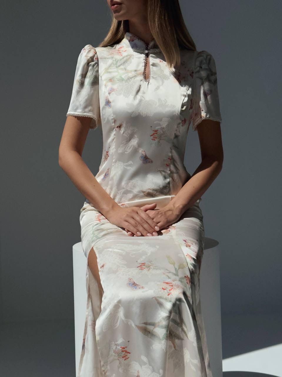 Elegant White Floral Print Dress - GodBlessDress