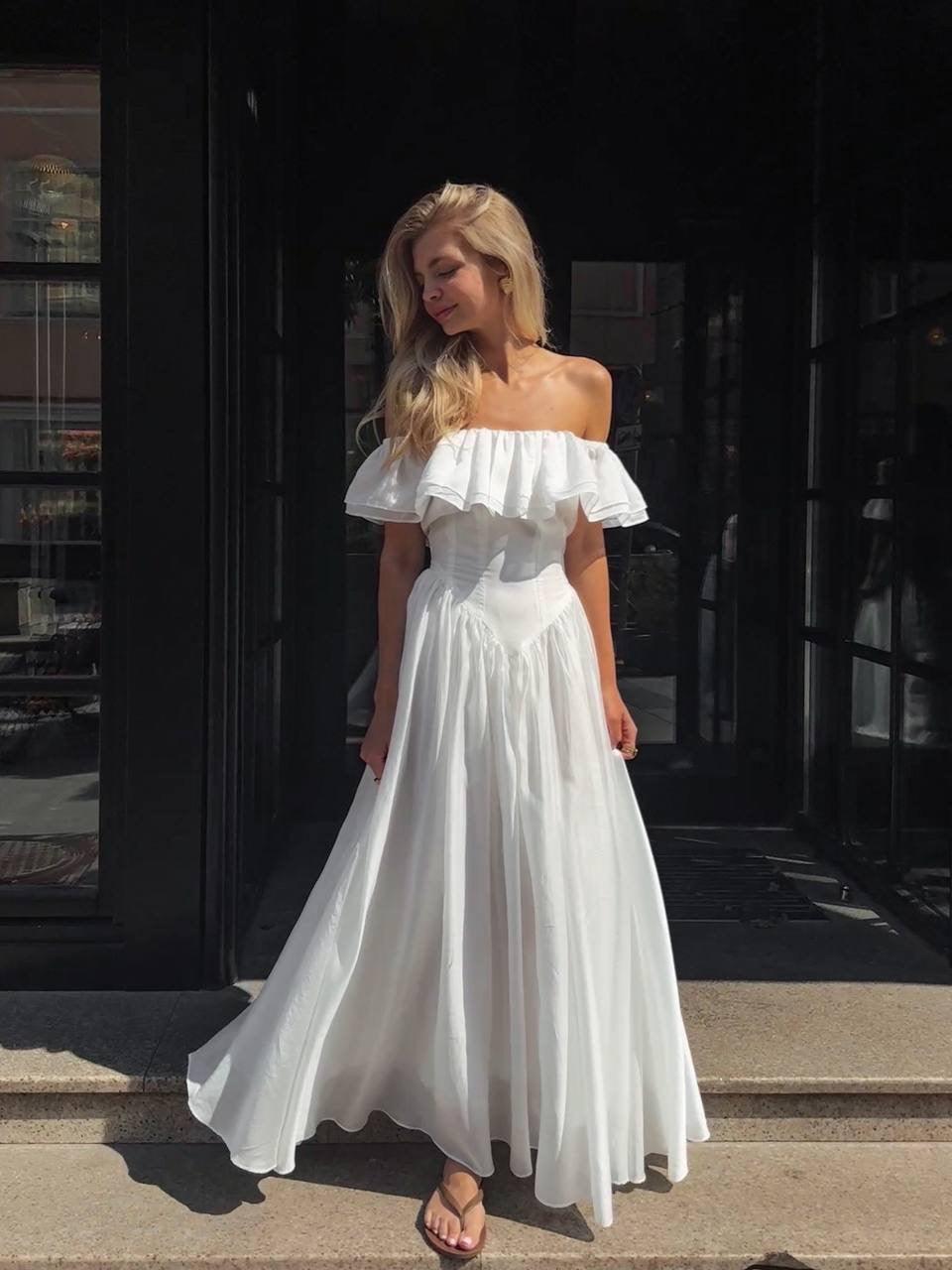 Elegant Off-Shoulder White Dress - GodBlessDress