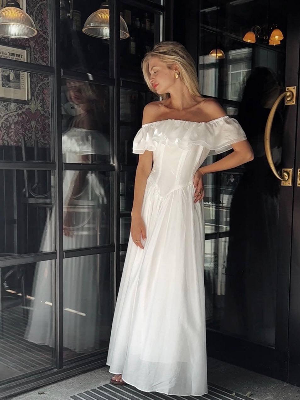 Elegant Off-Shoulder White Dress - GodBlessDress