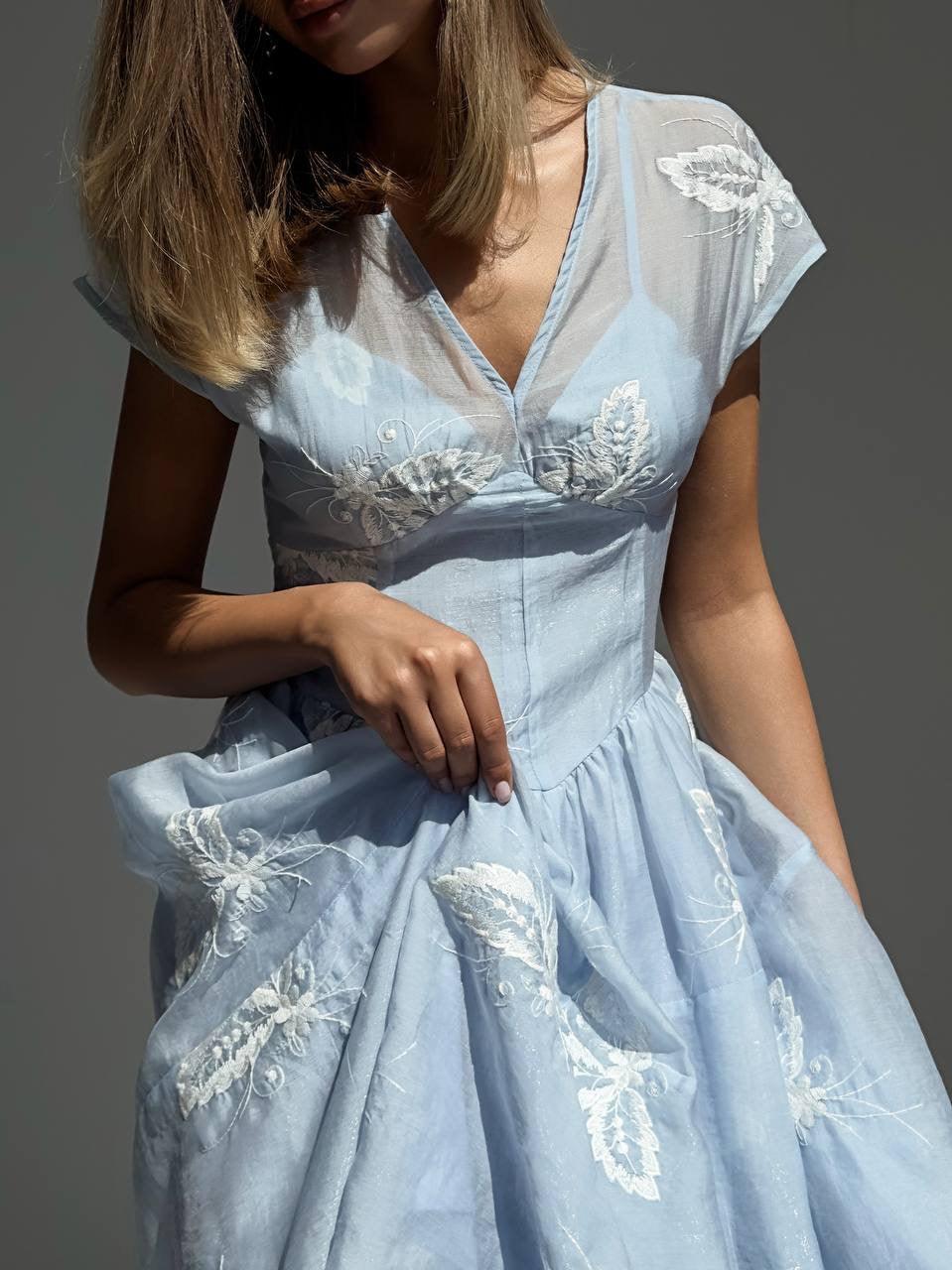 Elegant Blue Floral Embroidered Dress - GodBlessDress