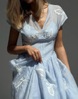 Elegant Blue Floral Embroidered Dress - GodBlessDress