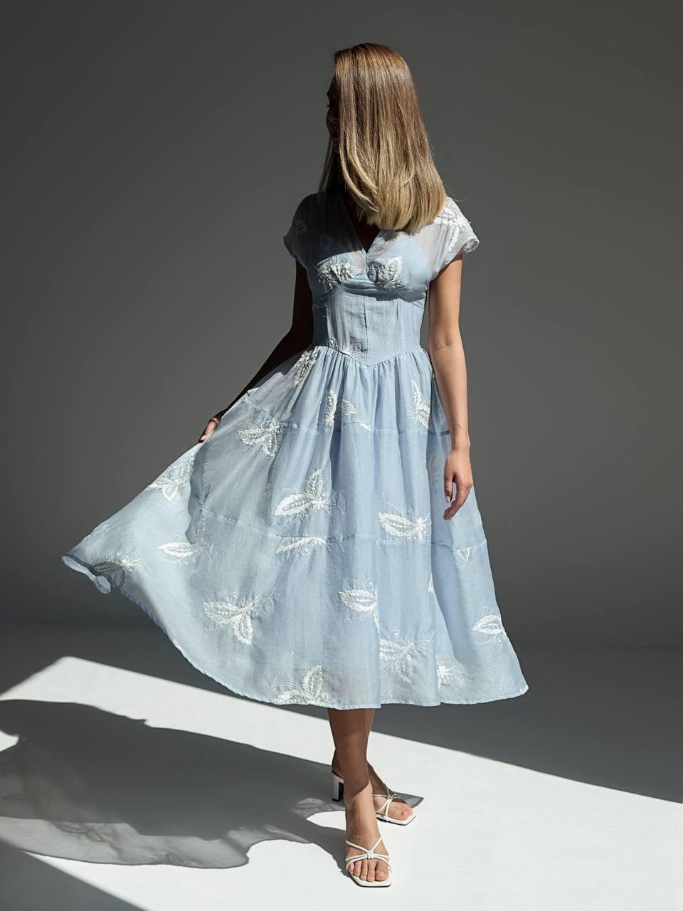 Elegant Blue Floral Embroidered Dress - GodBlessDress