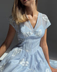 Elegant Blue Floral Embroidered Dress - GodBlessDress