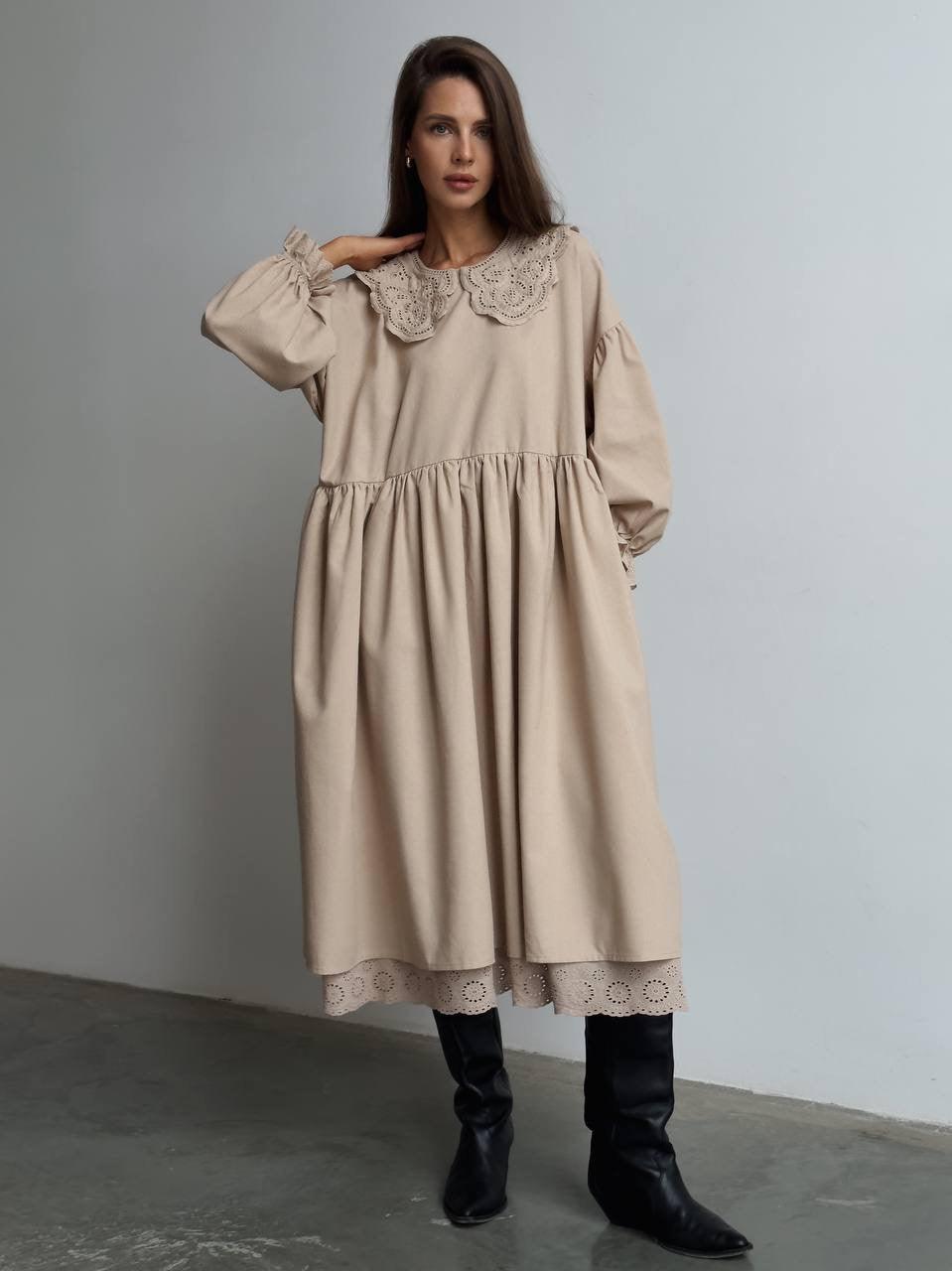 Beige Midi Dress with Lace Collar - GodBlessDress