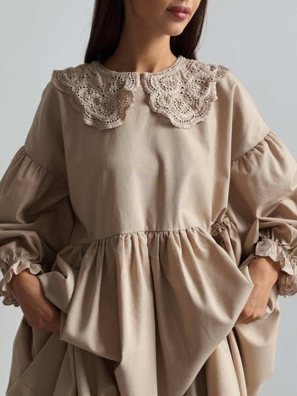 Beige Midi Dress with Lace Collar - GodBlessDress