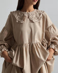 Beige Midi Dress with Lace Collar - GodBlessDress