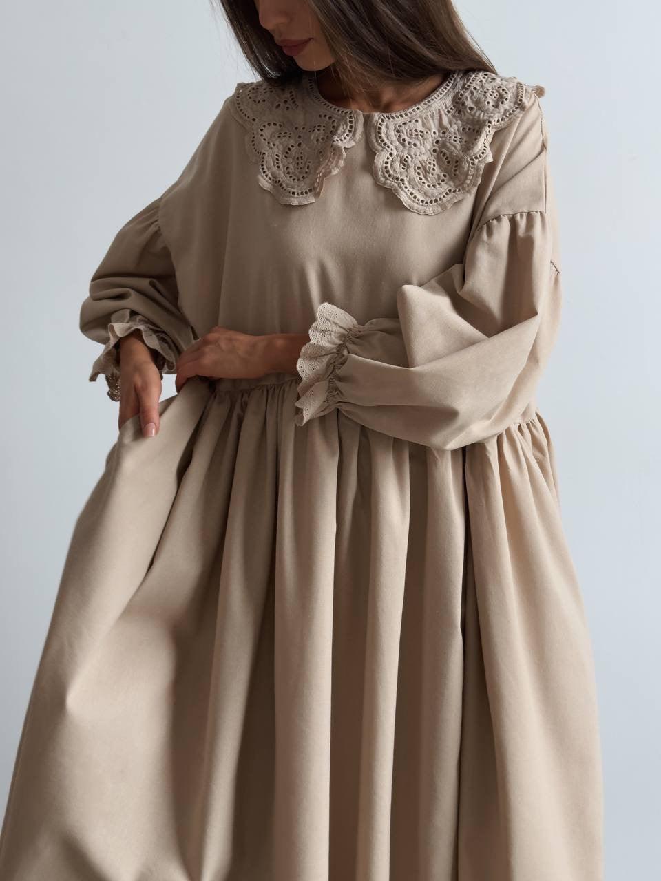 Beige Midi Dress with Lace Collar - GodBlessDress