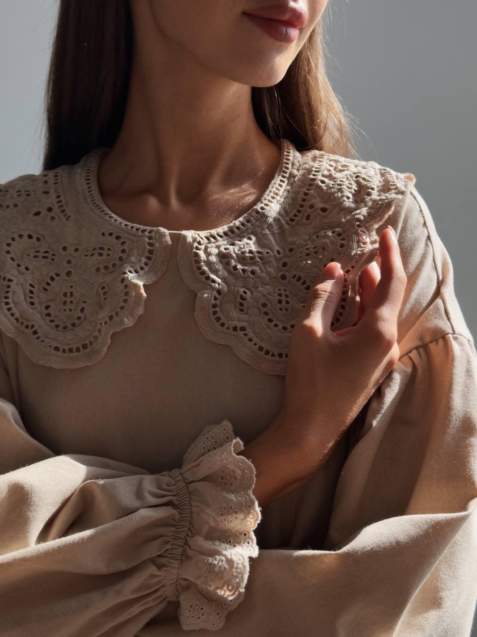 Beige Midi Dress with Lace Collar - GodBlessDress