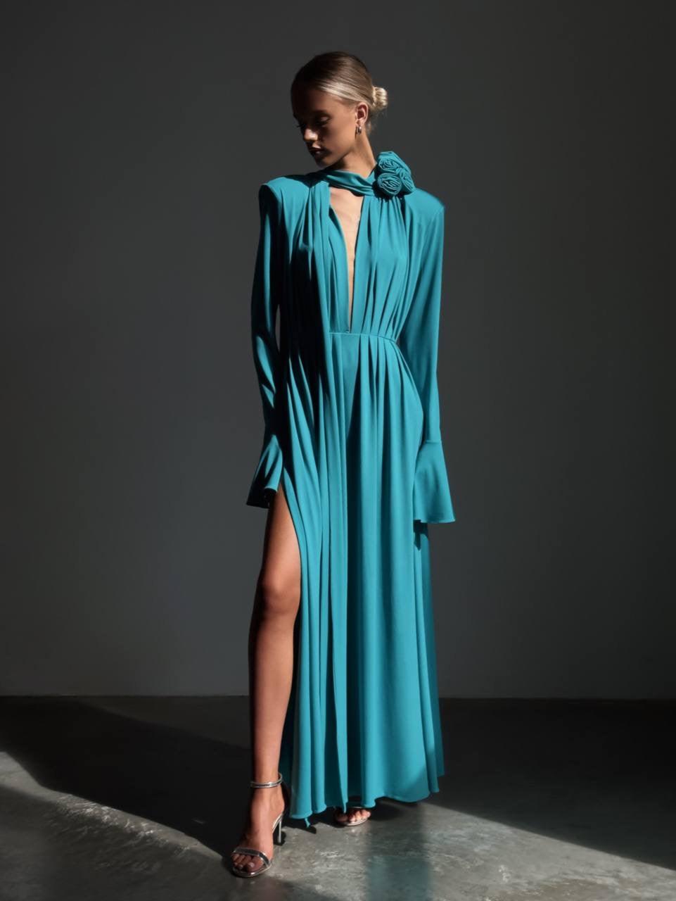 turquoise long sleeve maxi dress Turquoise Maxi Dress With Pockets, Long Teal Blouse Top Dress, Cross Front Dress, Summer Dress, Lounge Dress