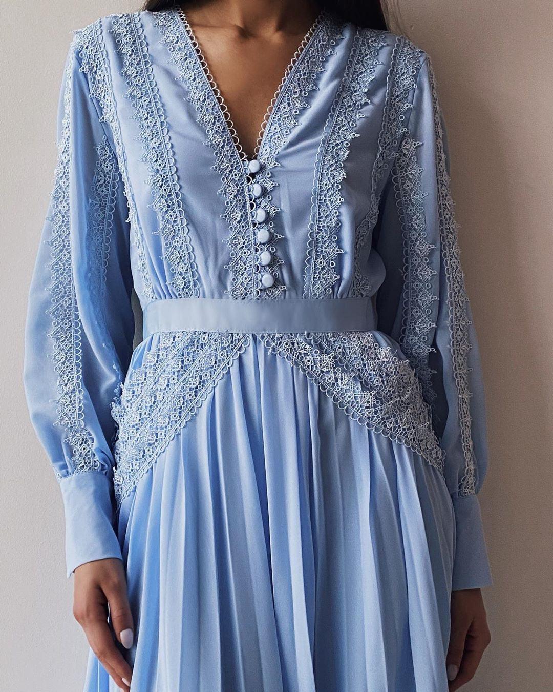 Elegant Blue Lace-Detailed Dress - GodBlessDress