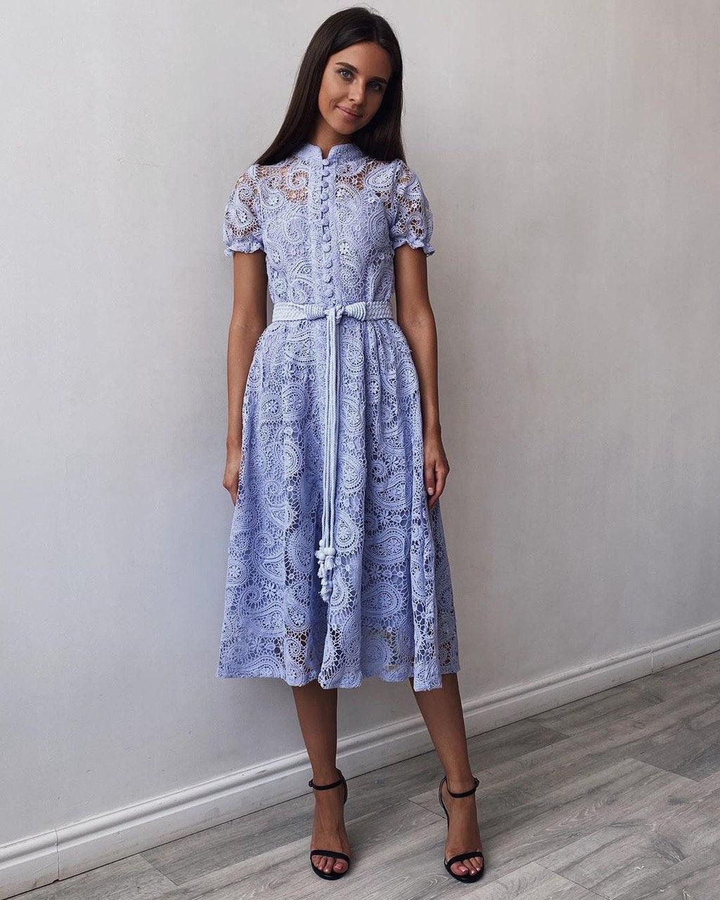 Elegant Lace Lilac Midi Dress - GodBlessDress