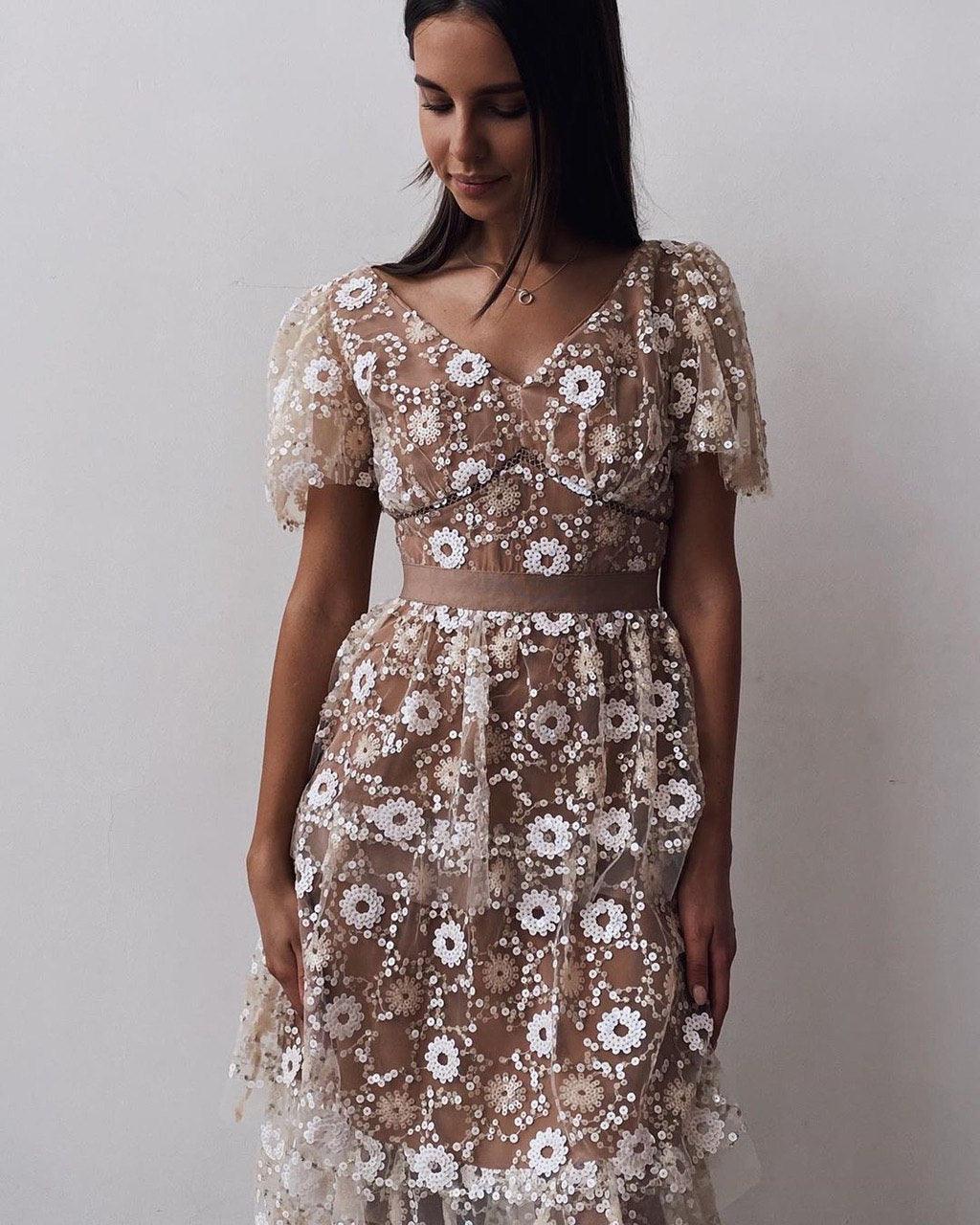 Floral Embroidered Tulle Midi Dress - GodBlessDress