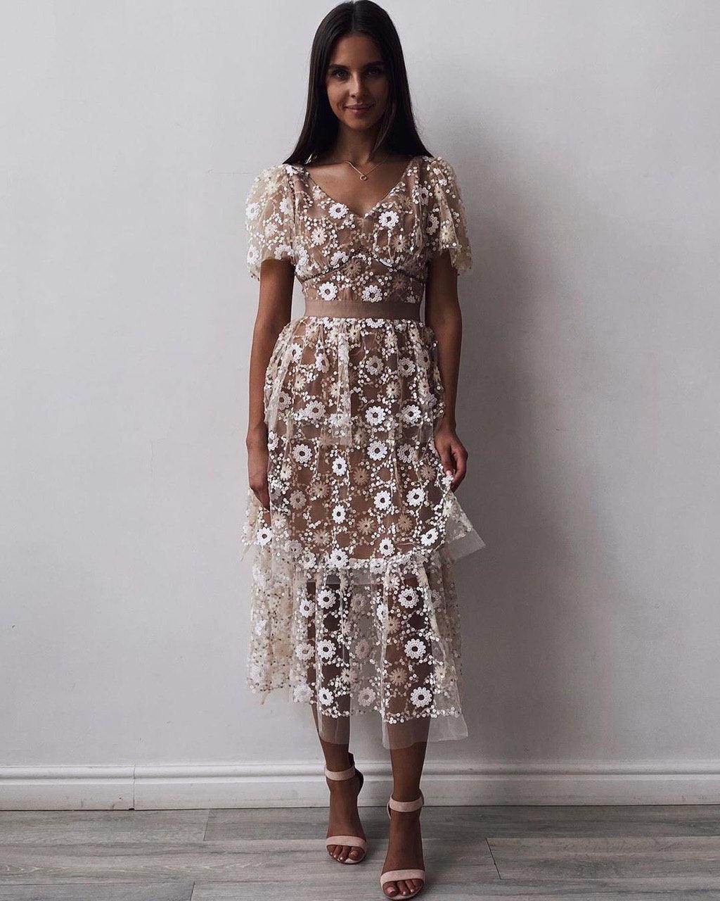 Floral Embroidered Tulle Midi Dress - GodBlessDress