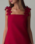 Elegant Red Mini Dress with Floral Shoulder Detail