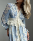 Elegant Blue Floral Lace-Trimmed Dress