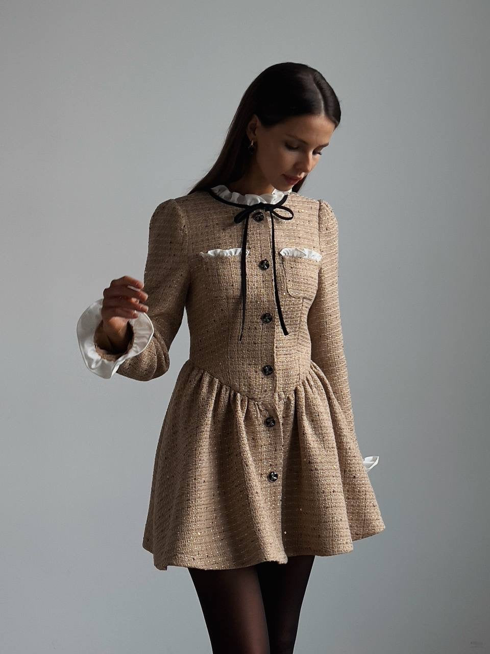 brown tweed dress Tweed Button-Down Mini Dress with Ruffle Detail – GodBlessDress