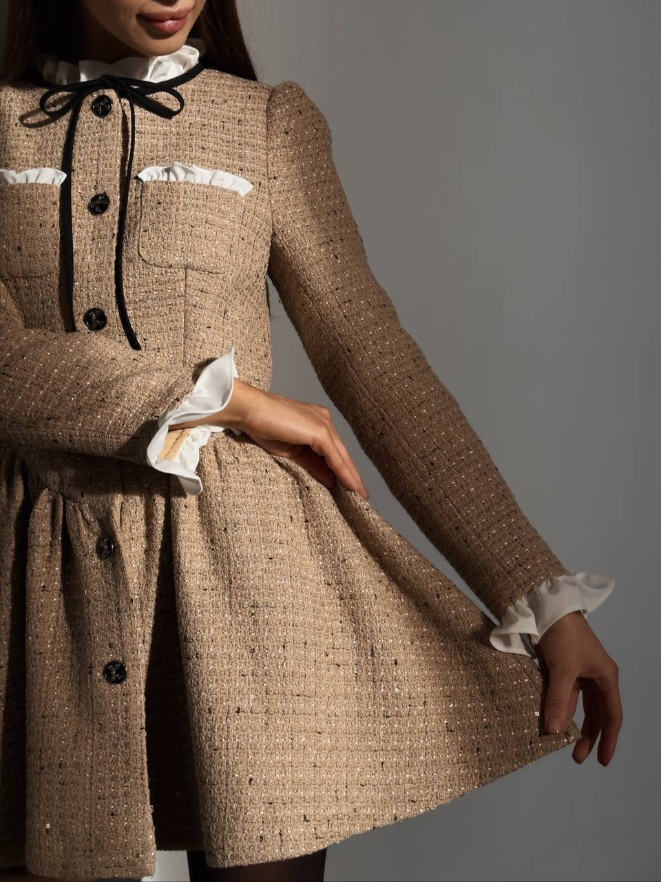 Tweed Button-Down Mini Dress with Ruffle Detail – GodBlessDress