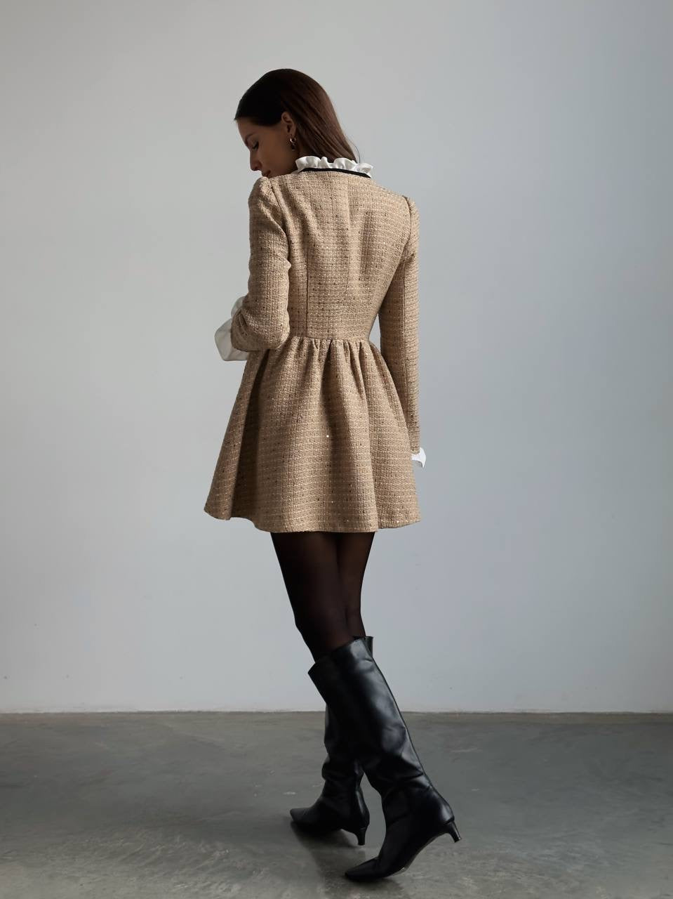 Tweed Button-Down Mini Dress with Ruffle Detail