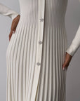 Ivory Ribbed Knit Midi Dress with Crystal Buttons