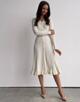 Ivory Ribbed Knit Midi Dress with Crystal Buttons