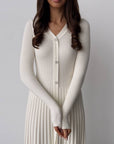 Ivory Ribbed Knit Midi Dress with Crystal Buttons