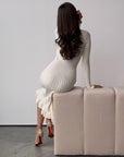 Ivory Ribbed Knit Midi Dress with Crystal Buttons