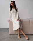 Ivory Ribbed Knit Midi Dress with Crystal Buttons