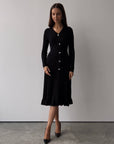 Black Ribbed Knit Midi Dress with Crystal Buttons