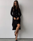 Black Ribbed Knit Midi Dress with Crystal Buttons