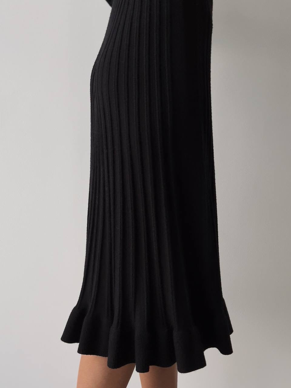 Black Ribbed Knit Midi Dress with Crystal Buttons