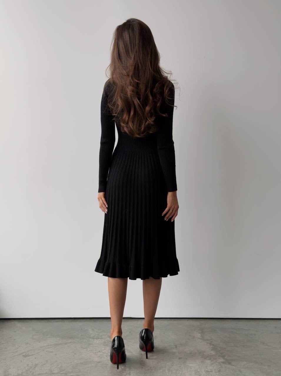 Black Ribbed Knit Midi Dress with Crystal Buttons