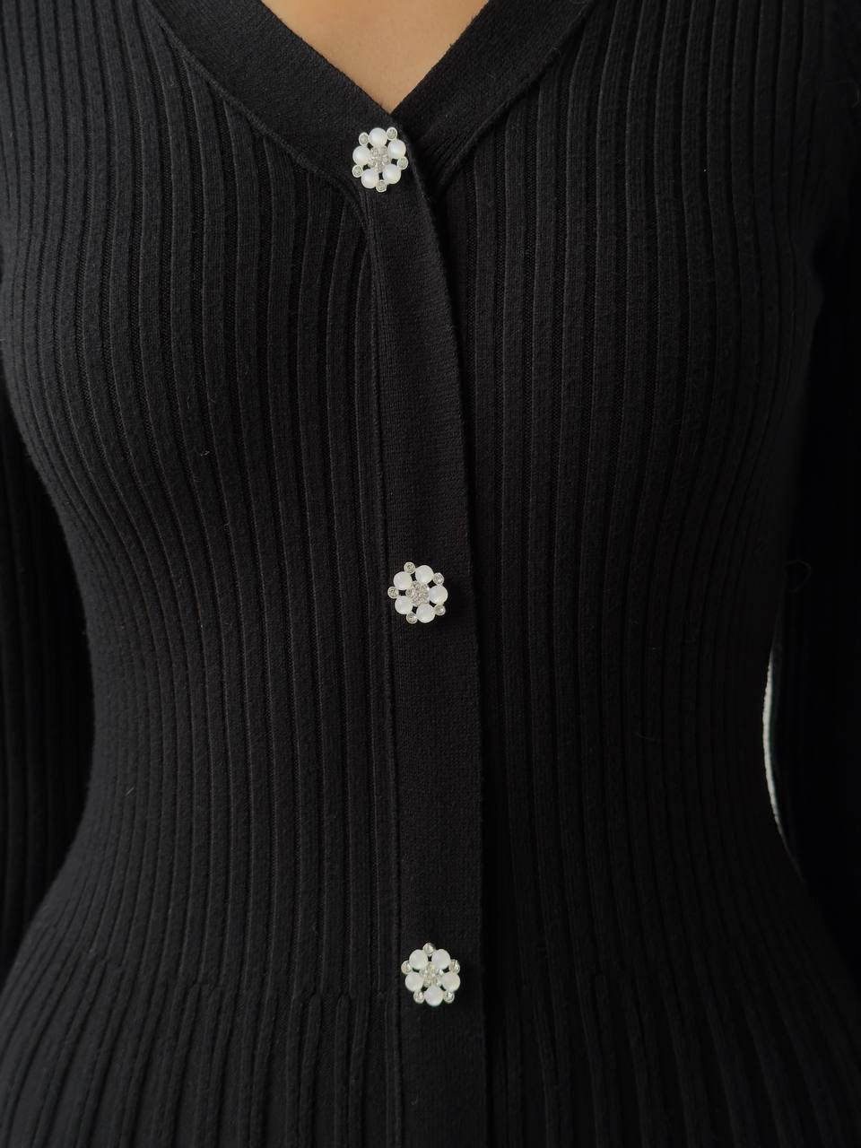 Black Ribbed Knit Midi Dress with Crystal Buttons