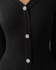 Black Ribbed Knit Midi Dress with Crystal Buttons