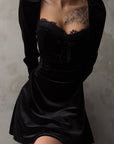 Black Velvet Mini Dress with Lace Details