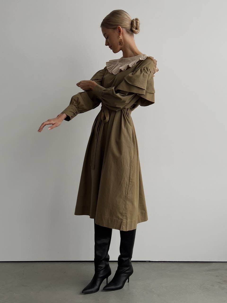 Olive Green Dress with Pleated Collar