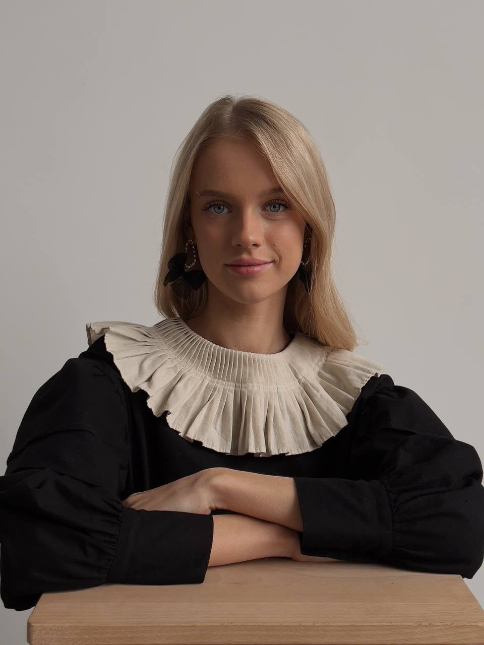 Black Dress with Beige Pleated Collar